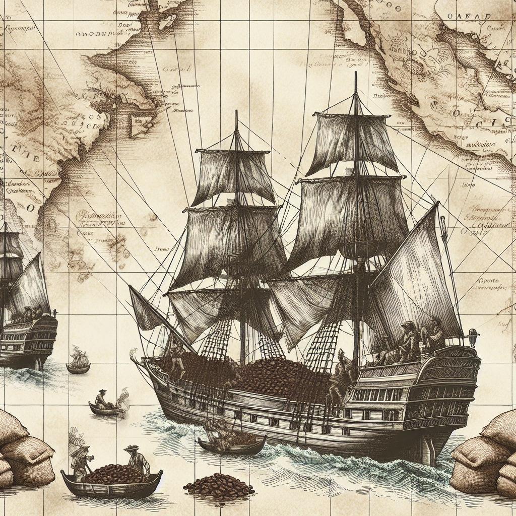 Please generate a realistic, editorial-quality image that would be appropriate for a blog post about historical export routes that shaped the coffee trade. The image should include depictions of vintage sailing ships against the backdrop of a hand-drawn map, symbolizing the path coffee took from its origin to other parts of the world. It should also visualize the arduous journey of coffee, showing sacks of coffee beans being loaded on to the ships. The image should feel grounded and context-relevant, suitable for embedding within an article, and should not include any text or logos.