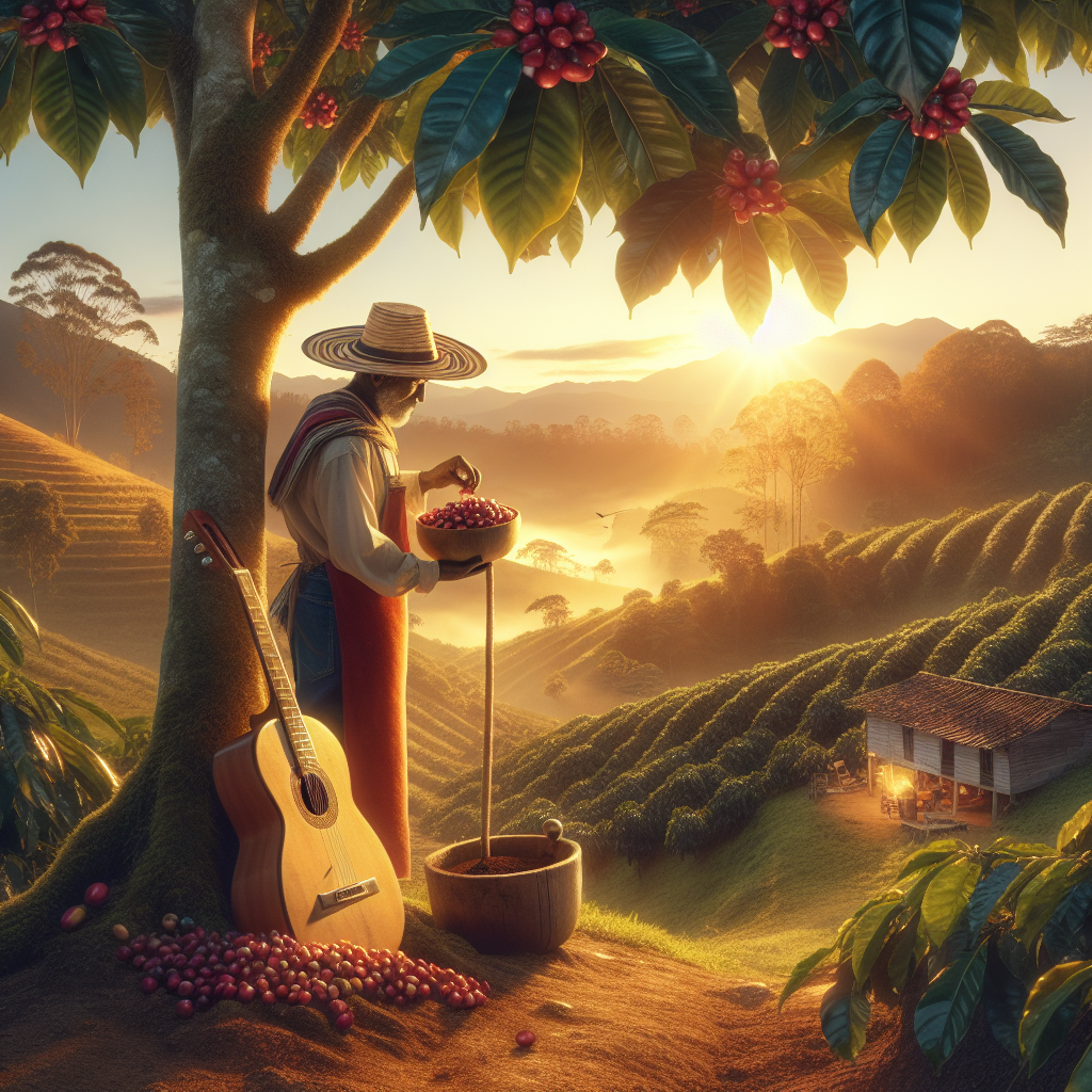 Create a realistic, editorial-quality image styled in the fashion of a beautiful, lush Colombian landscape under the golden sunset. At the foreground, a traditional Colombian coffee farmer of Hispanic descentis picking ripe, red coffee cherries from a coffee tree. Nearby, a wooden guitar propped against the tree provides a clear link to music. The backdrop reveals a vista of Zona Cafetera's iconic coffee plantations lining the gentle rolling hills, with the hints of a traditional Colombian house in the distance. Ensure the image is grounded, topic-relevant, and without any text or logos.