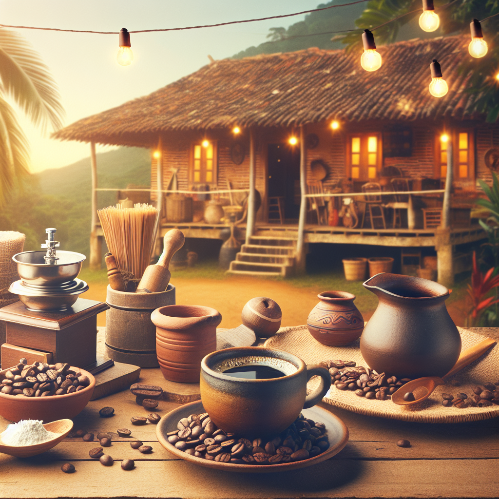 Create an authentic and realistic image without any text or logos. The image is for a blog article about a traditional Colombian coffee ceremony. It should depict elements that are significant to this tradition, such as Colombian coffee beans, a brewing setup, and a traditional ceramic coffee cups. Also, include a background setting that portrays a Colombian house or cafe. The atmosphere should be warm, inviting and ground the viewer with its topic relevance, thereby providing an editorial-quality visual experience.