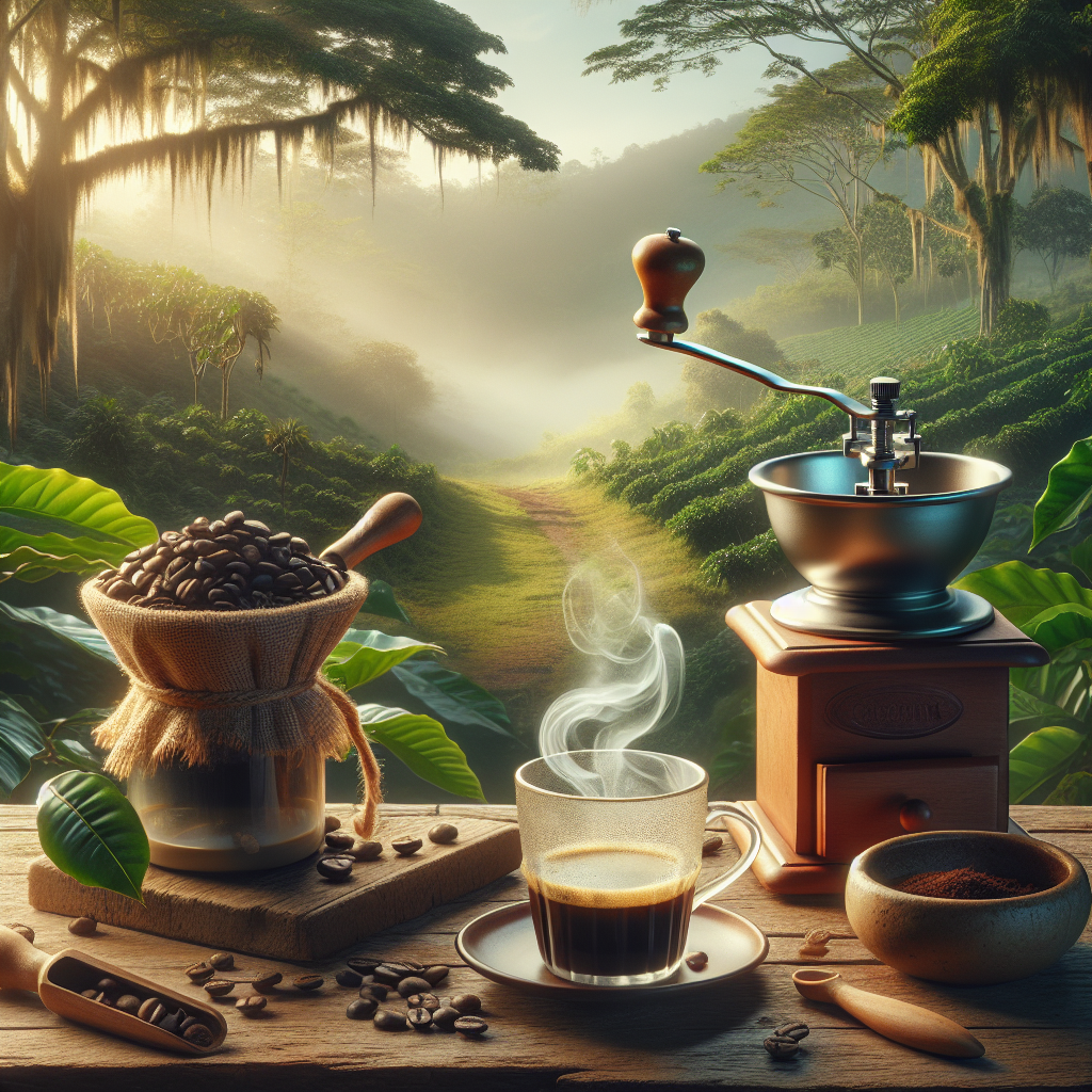 A carefully composed image introducing the authenticity of Colombian Tinto. Visualize a rustic table set with essential elements for brewing - a ceramic drip coffee maker, a hand grinder with freshly roasted coffee beans spilling out, and a clear cup filled with freshly brewed Tinto, its steam curling up in the cool morning. Include the lush greenery of a Colombian coffee plantation in the background to symbolize the source of the coffee. The morning sunlight filtering through the plantation trees illuminates the scene in a warm glow. Leave space in the top and bottom for potential text addition.