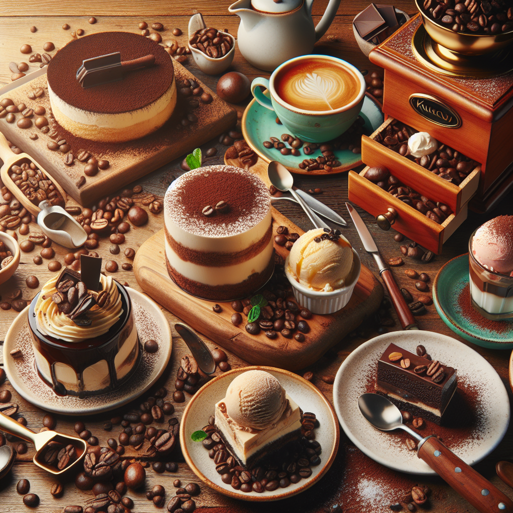 Produce a colorful, high-resolution image for a culinary blog post. Depict an array of different desserts, like tiramisu, ice cream, and chocolate cake, all infused with Kukuwu coffee beans. Include visual hints to the coffee inspiration like scattered coffee beans, a steaming cup of coffee, and a coffee grinder. Ensure the image is realistic, suitable for an editorial, and void of any text or logos. Show the desserts served on a rustic wooden table, with a bright, warm tone, to enhance the cozy and inviting ambience.