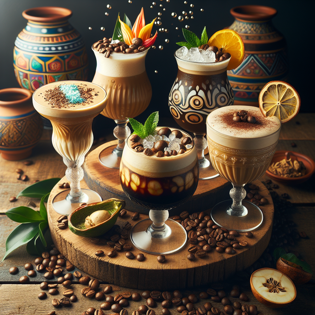 A high-resolution, vibrant, and realistic image suitable for a blog post. It should depict a lavish spread of five unique coffee-based mocktails, meticulously embellished and sitting on a rustic wood surface. To emphasize the Colombian origin, include ample fresh coffee beans sprinkled around, and a gentle touch of traditional Colombian pottery or pattern in the backdrop. Incorporate elements like fresh ingredients representing the mocktails flavours, sparkling bubbles for a refereshing effect, and soft gloaming light for a cosy ambience. The photograph must not include any text or logos.
