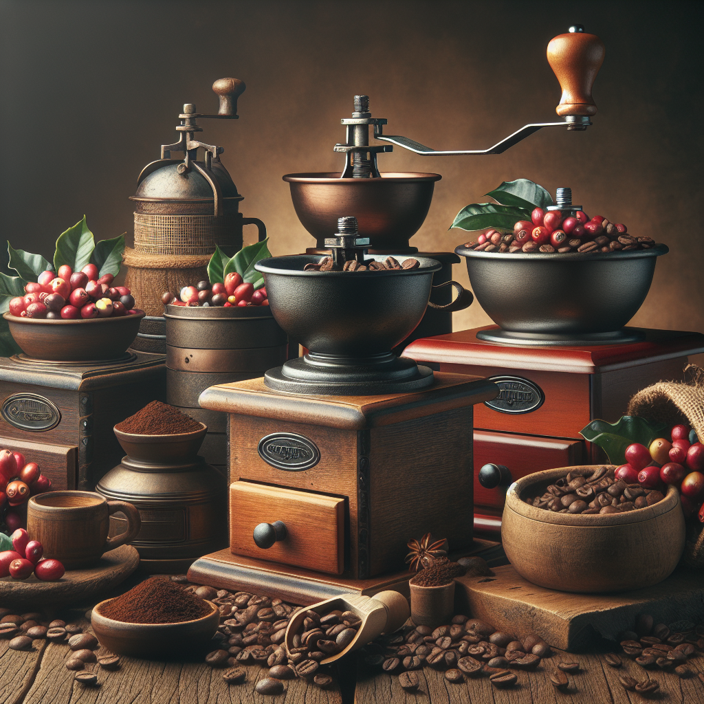 Visualize a topic-relevant, editorial-quality image without texts or logos intended for a blog post. The image should depict a Colombian coffee farm with ripe coffee cherries on the branch in foreground. In the midground, a rustic grinder surrounded by Colombian beans, showcasing different types of grinders perfectly arranged. Use a warm color palette to evoke a sense of grounded, authentic feel. It must reflect the aesthetic of a rustic coffee production process, with an emphasis on the importance of choosing the right grinder for Colombian Beans. It should be suitable for in-article use.