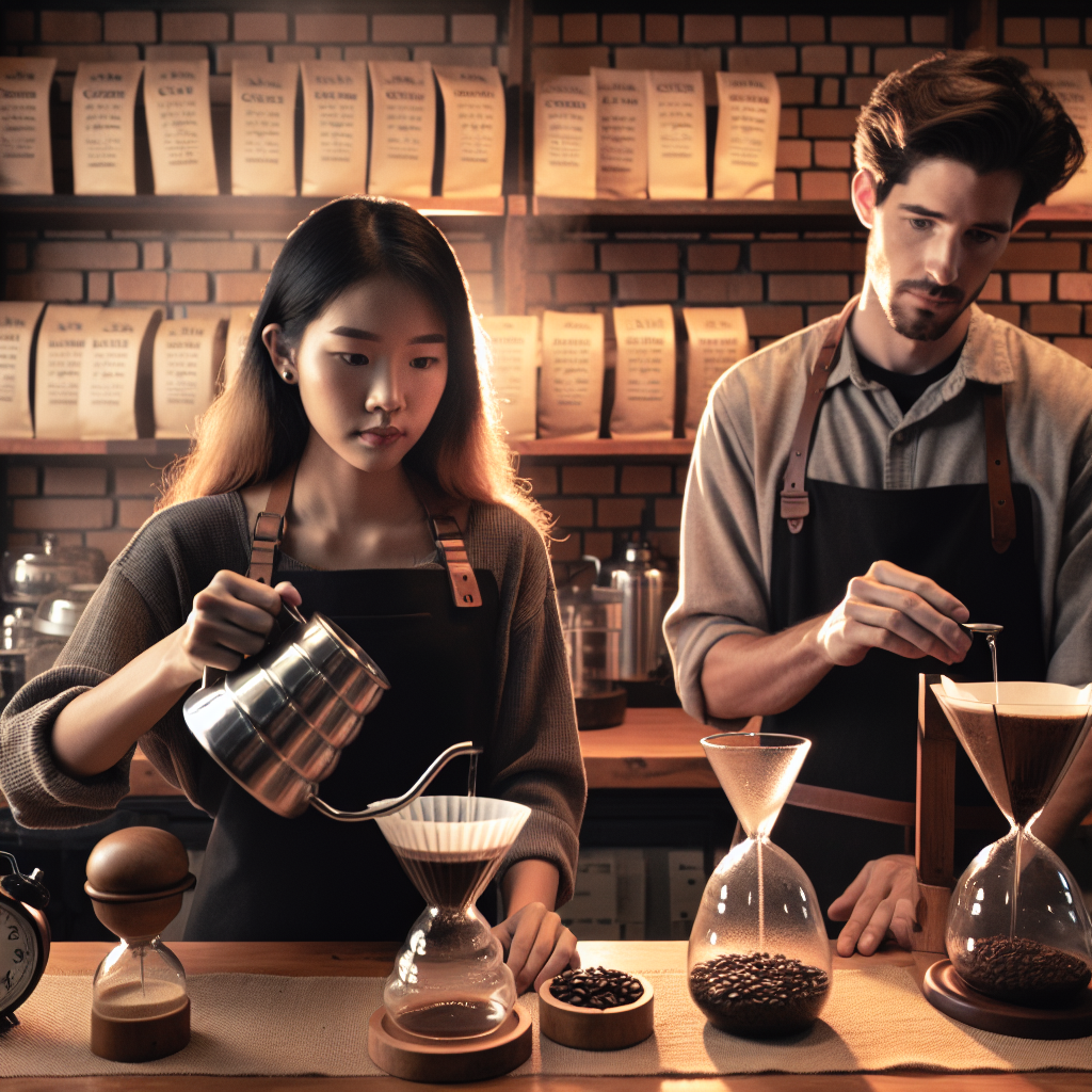 Craft an image set in a cozy coffee shop, where an Asian female barista is carefully pouring steaming hot water over freshly grounded coffee in a glass pour-over coffee maker. On her left, a Caucasian male is timing the brew using a vintage hourglass sand timer. Both the barista and the man are concentrated and engaged in their task, showcasing the seriousness towards the art of brewing coffee. Around them, different types of coffee beans labeled according to regions are arranged neatly on wooden shelves. The lighting is warm, emphasizing the early morning hours of a busy coffee shop.