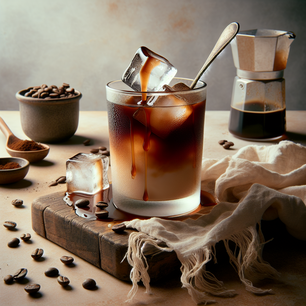 Create a real-life representation of a cold brew coffee. Focus on displaying coffee ice cubes melting in the glass of cold brew, highlighting the slow seeping of coffee into the liquid creating a mesmerizing gradient of brown hues. Also, depict a rustic wooden table with a few drips of condensation from the cold glass, coffee beans scattered around, and a fabric napkin with tangled fringes lying beneath the glass, all set against a neutral-toned background. This is an editorial-quality image targeting to engage the readers about the blog post on 'Coffee Ice Cubes: Essential Tips for Effortless Smooth Cold Brews', so keep it tastefully uncluttered and sophisticated.