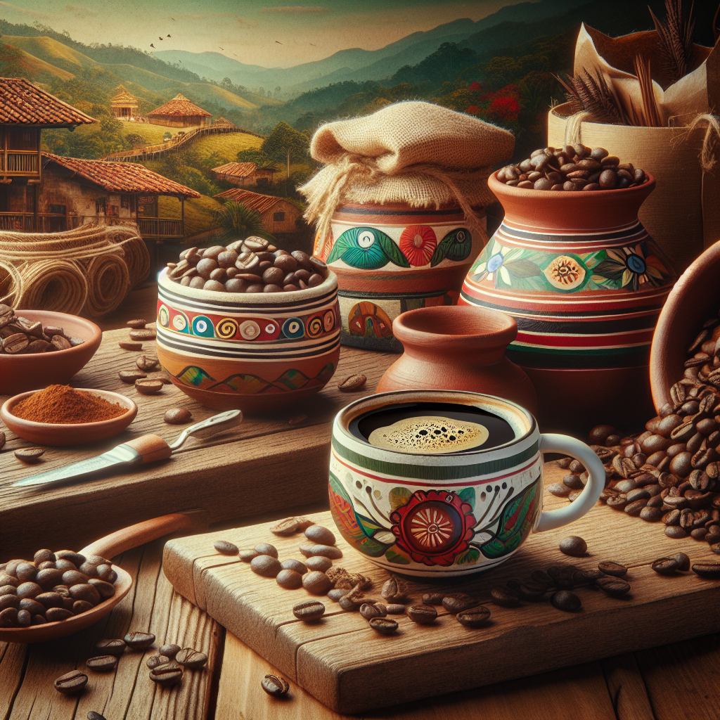 Create a detailed, realistic styled image showing traditional Colombian elements in an editorial manner suitable for a blog post. The image should incorporate various aspects like freshly brewed coffee in a ceramic mug, traditional Colombian handcrafts, ripe coffee beans scattered on a rustic wooden table, famous Colombian coffee landscapes in the background. The color palette should be warm and grounded, emphasizing earthy colors like brown, green and red. Please note, no text or logos should be included in the image.