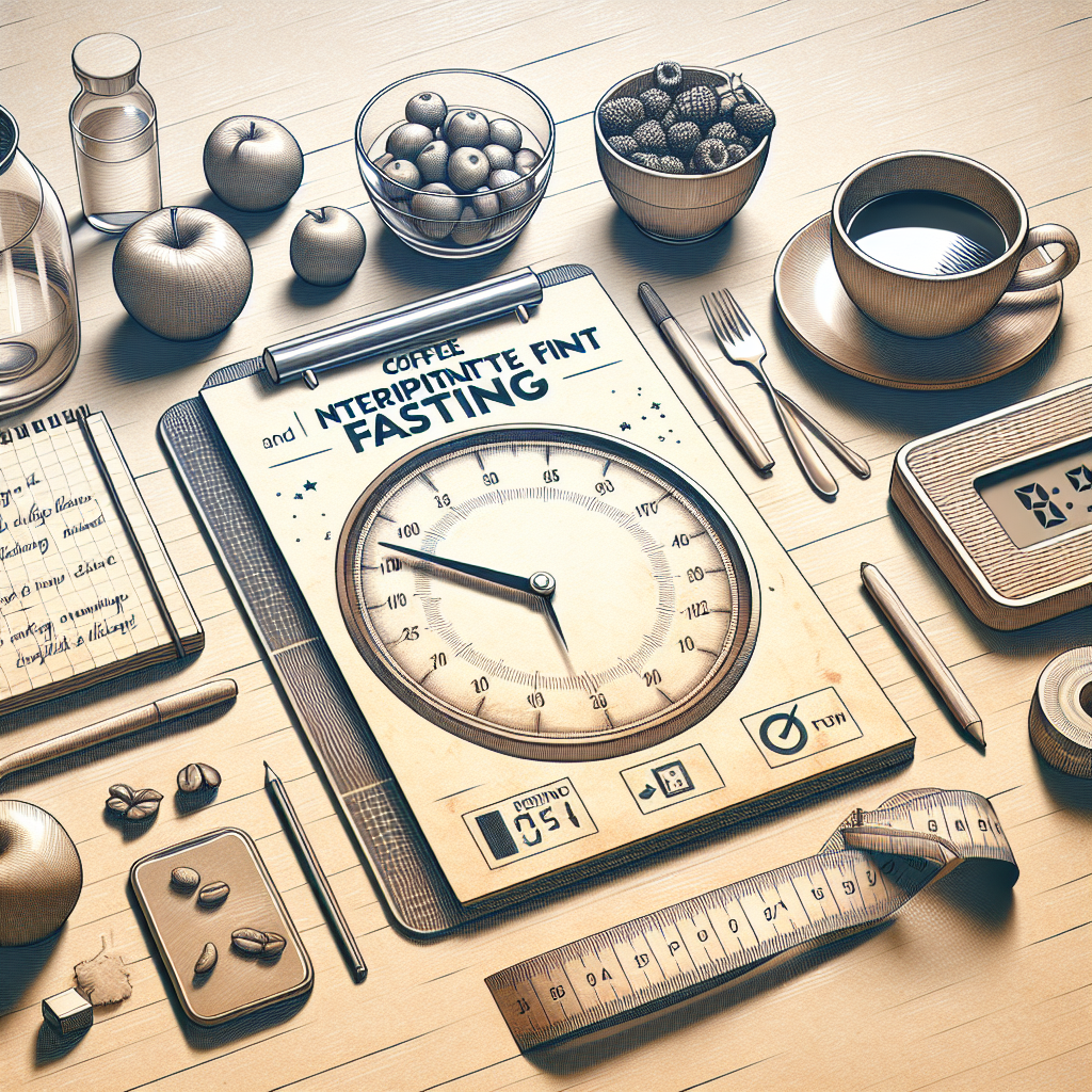 Visualize a scene that encapsulates the theme 'Coffee and Intermittent Fasting: Essential Tips You Must Know'. The image should display a kitchen setting incorporating various elements that indicate morning routines, such as a freshly brewed cup of coffee, a minimalistic clock showing fasting hours, and a notepad with essential tips scribbled. It should also include elements like a digital scale, fruits, and a water bottle to indicate a balanced diet is crucial. The artwork should evoke a grounded and realistic feeling, entirely appropriate for in-article use with no text or logos.