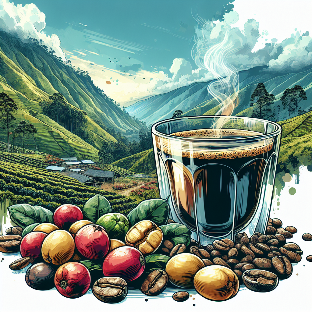 Generate a detailed and realistic illustration depicting a Colombian coffee farm located amidst the green, sprawling mountains. Include coffee beans that are just about ripe for picking, displaying tones of yellow and red. Nearby, incorporate a clear crystal glass filled with smooth, brown coffee that is emanating tendrils of steam. The atmosphere should feel calm, serene, and comfortable - a welcoming scene that is suitable for those with sensitive stomachs. Despite the absence of text or logos, the image should be topic relevant and hold an editorial-quality suitable for use within a blog post. NOTE: This image should not include any illustrations of individuals.