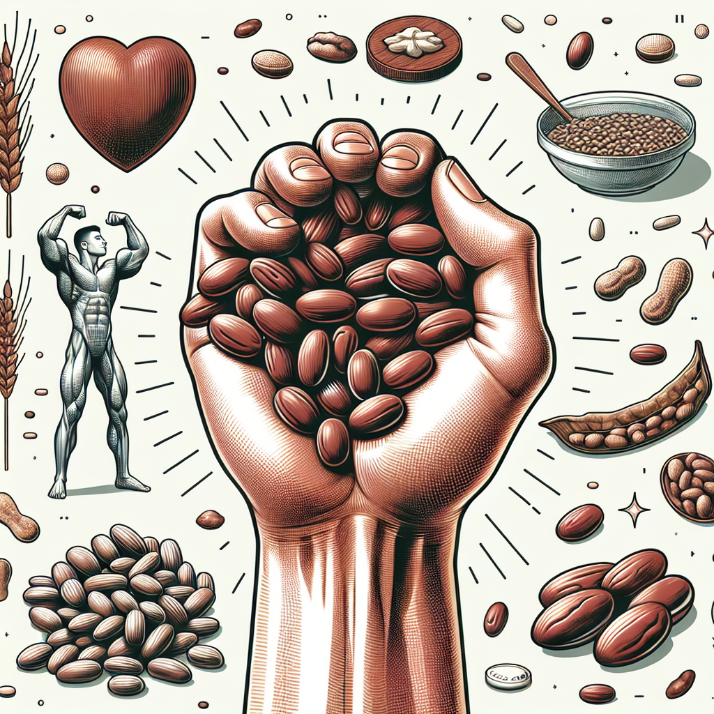 Please create an image that is topical, reality-oriented, and suitable for use in an article. The image should portray the antioxidant power of Kukuwu beans, a key health enhancer, without showing any text or logos. It should include depictions of the beans themselves, nearby elements symbolizing strength and vitality, and a healthy, energetic person holding a handful of the beans. These elements should all be realistically drawn, with an editorial-level quality, contributing to a comprehensive, visually pleasing picture that encapsulates the health-boosting features of Kukuwu beans.