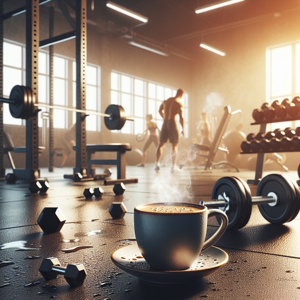 Create a visually impactful scene for a blog post. The image should depict a gym environment with weights and exercise equipment in the background to depict the workout theme. In the foreground, focus on a freshly brewed cup of steaming coffee, symbolizing its importance in the workout recovery process. Use realistic hues and include details like sweat droplets on the gym equipment and the steam wafting from the cup of coffee for an editorial touch. Please ensure the image does not contain any text, logos, and feels grounded and topic-relevant, suitable for in-article use.