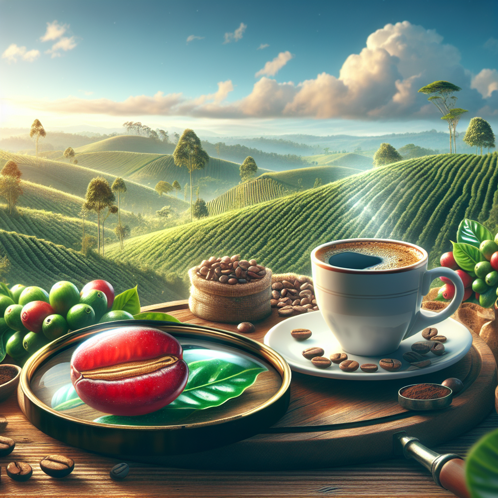 Craft a realistic, editorial-quality illustration that fits well with a blog post topic about 'Colombian Coffee: Essential Guide to Its Gentle, Soothing Benefits'. This image is intended for in-article use, hence, no text or logos can be incorporated. The scene must embody a grounded and topic-relevant atmosphere. You'll visualize these themes: lush green coffee plantations on rolling hills under clear morning skies in Colombia, the magnified image of a red, ripe coffee cherry, and a steaming cup of freshly brewed Colombian coffee placed on a wooden table, surrounded by coffee beans. The details and quality should be such that it stands out in an editorial context.