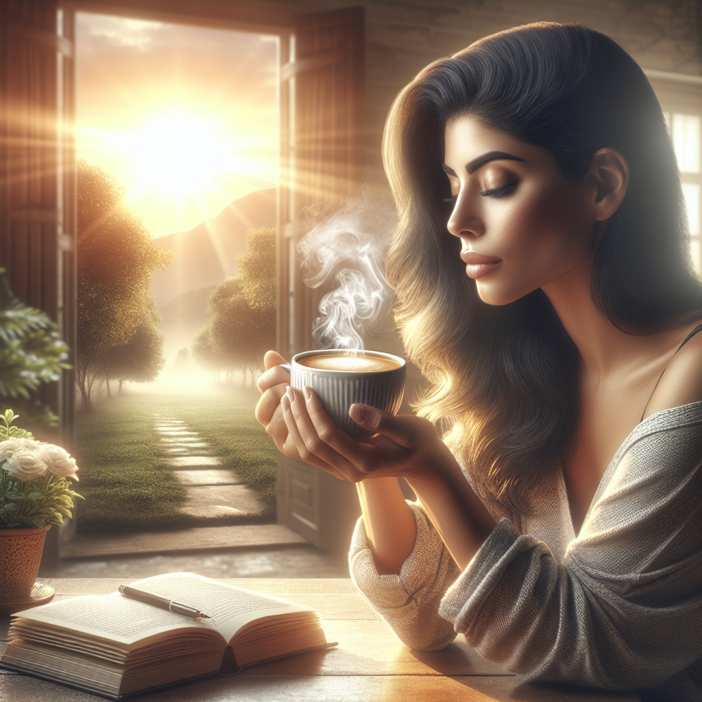Create a serene image of a typical morning scene featuring a steaming cup of freshly brewed coffee on a table with a Hispanic woman in her early 30s, clad in comfy clothes, reading a book beside it. In the background, show a gentle sunrise illuminating a peaceful garden visible from a window. Emphasize the elements that convey tranquility and mood-boosting effects of coffee, like the warmth from the steam and the radiant morning light. The style should be realistic and sophisticated, suitable for an editorial blog about mood regulation through coffee consumption.