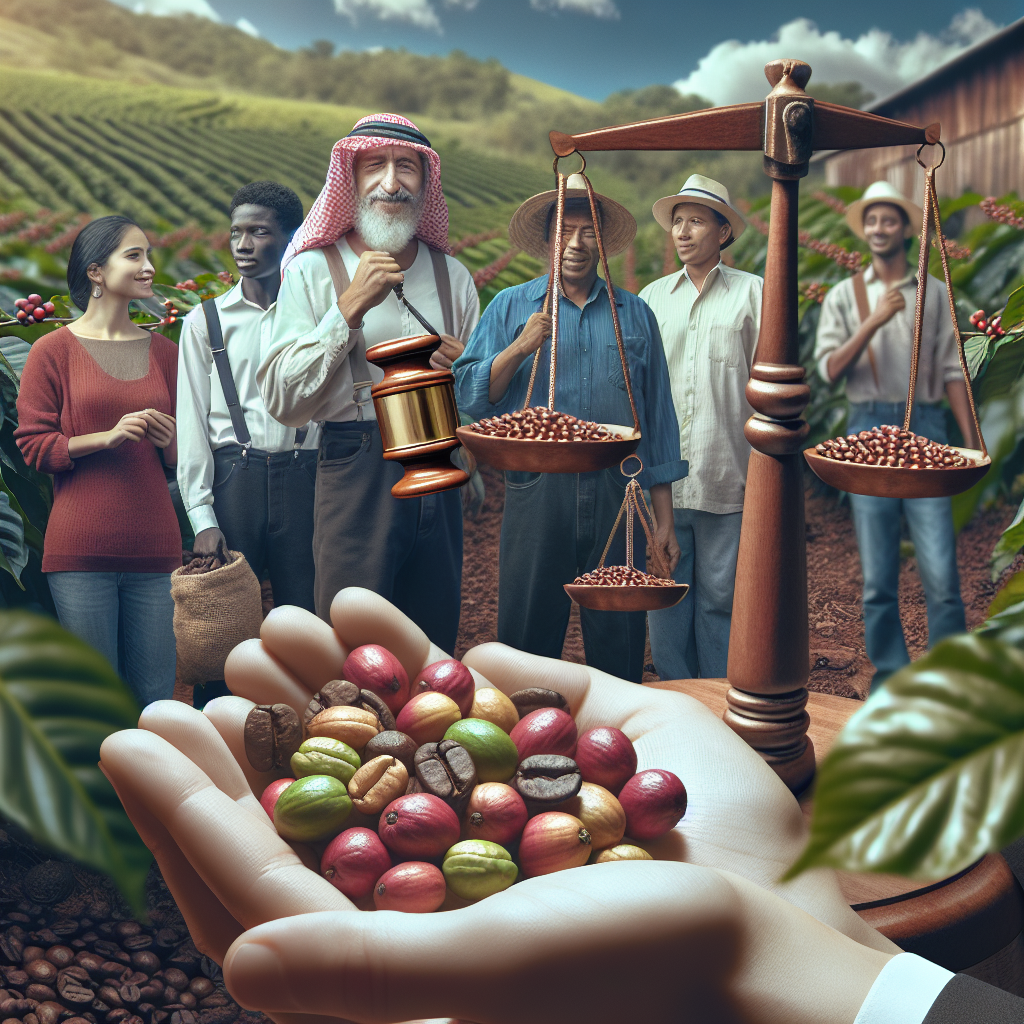 Generate a realistic and suitable image for an editorial blog post, capturing the essence of fair pay for coffee pickers. Depict a scene on a coffee plantation with multiethnic workers including Hispanic, Black and Middle-Eastern people, happily engaged in picking coffee beans. In the foreground, show a pair of hands tenderly holding up freshly picked coffee cherries. Also include a symbolic feature representing justice, perhaps scales balanced evenly or an hourglass signifying equality. Please make sure the image has richness in detail and is devoid of any text or logos to maintain its relevance and appropriateness.